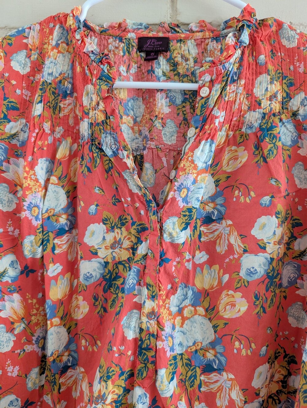 J. Crew 6 Liberty Ruffle Classic Pintuck Popover Coral Floral Print Cotton Top - Picture 4 of 8